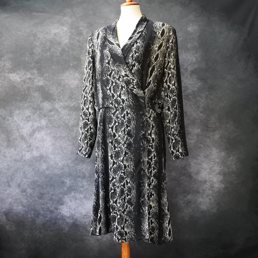 Vintage 80s Dana Buchman Snakeskin Animal Print Long Sleeve Dress Size 16 M L